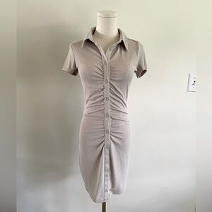 H&M Divided Beige Short Sleeve Button-Up Dress with Side Ruching